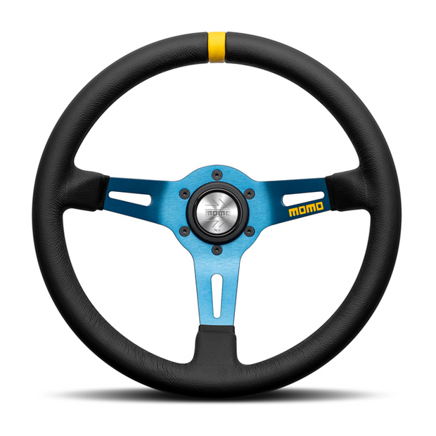 Steering Wheel - MOD.08, 330 Diam, 88 Dish, Blk Leather, Blue Spokes, 1 Stripe - R1908/BL33L