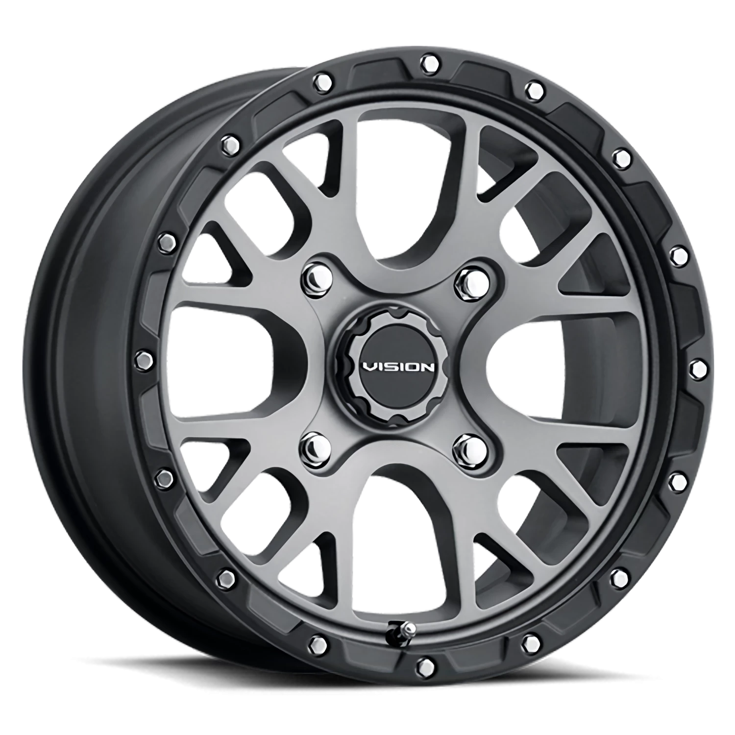 Vision Rocker 14x7 4x136 38mm Satin Grey (w/ Satin Black Lip and SS Bolts) : 545A147136SGBL54