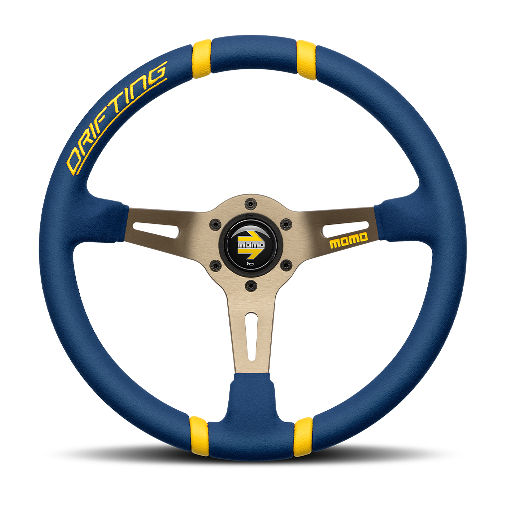 Steering Wheel - Drifting 350 Diam 90 Dish Blue Microfiber Anthracite Spokes Yellow Inserts - R1911/35MBL