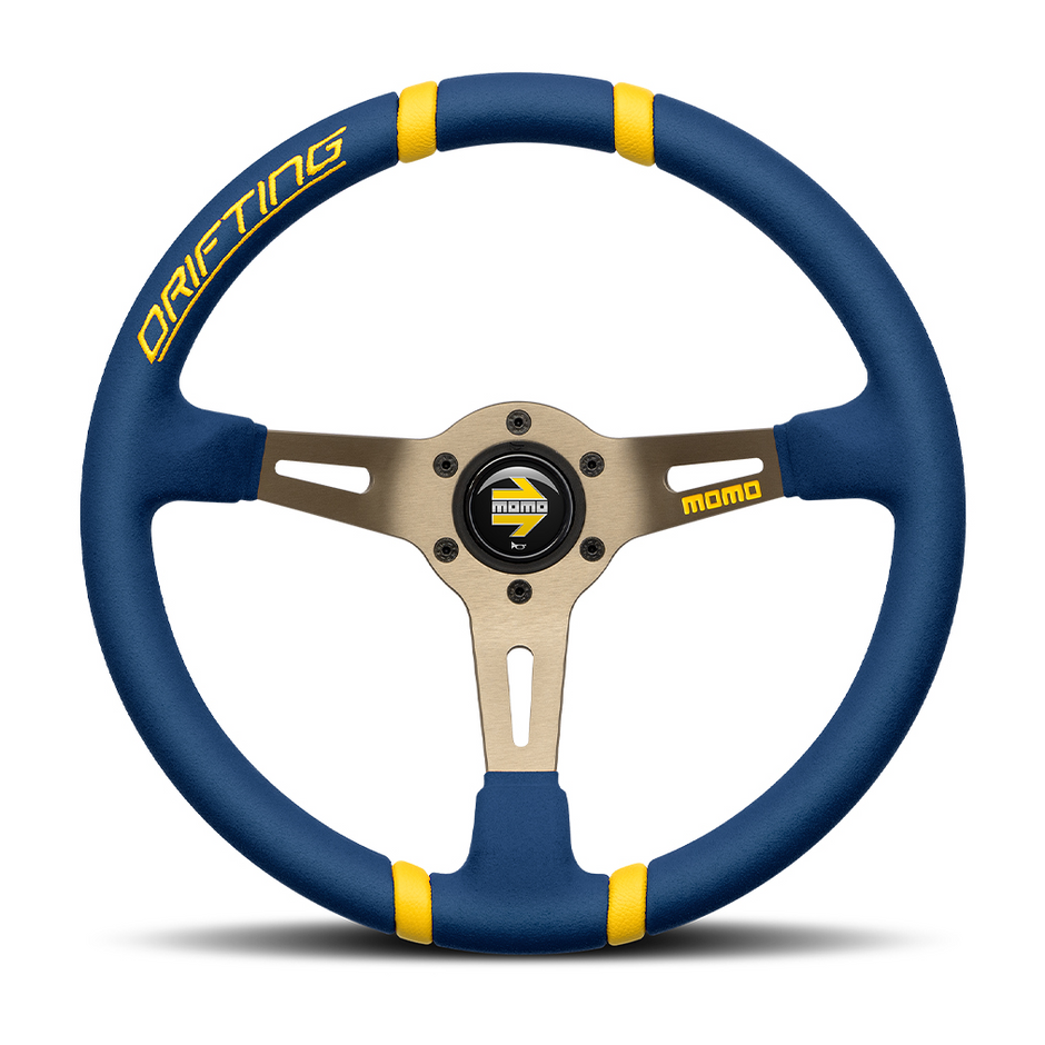 Steering Wheel - Drifting 350 Diam 90 Dish Blue Microfiber Anthracite Spokes Yellow Inserts - R1911/35MBL