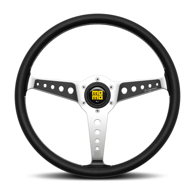 Steering Wheel - California, 360 Diam, 34 Dish, Blk Lea, Wht Stitch, Pol Spokes - CAL36BK2S