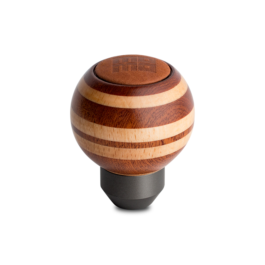Heritage Shift Knob - Targa, Round Wood, Layered Mahogany and Beechwood, Leather Insert Top