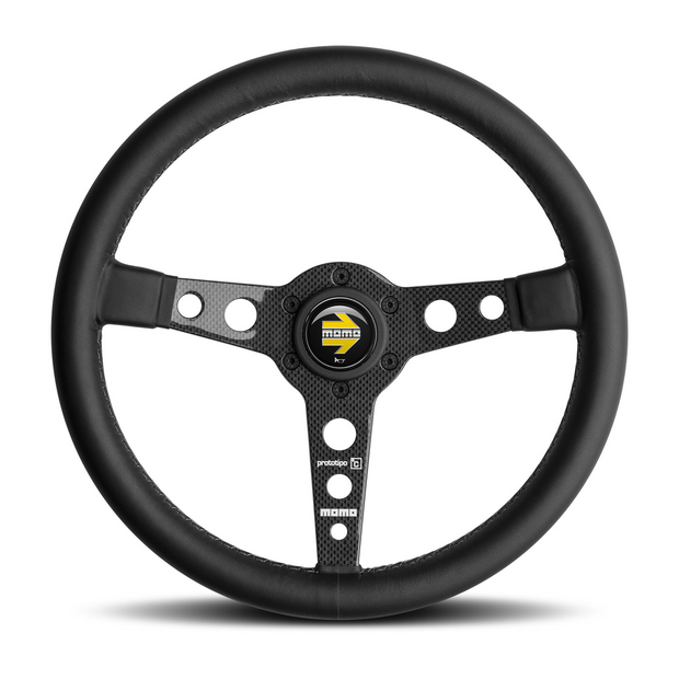Steering Wheel - Prototipo 6C, 350 Diam, 39 Dish, Blk Lea, Gry St, Cbn Fbr Spoke - PRO35BK1C