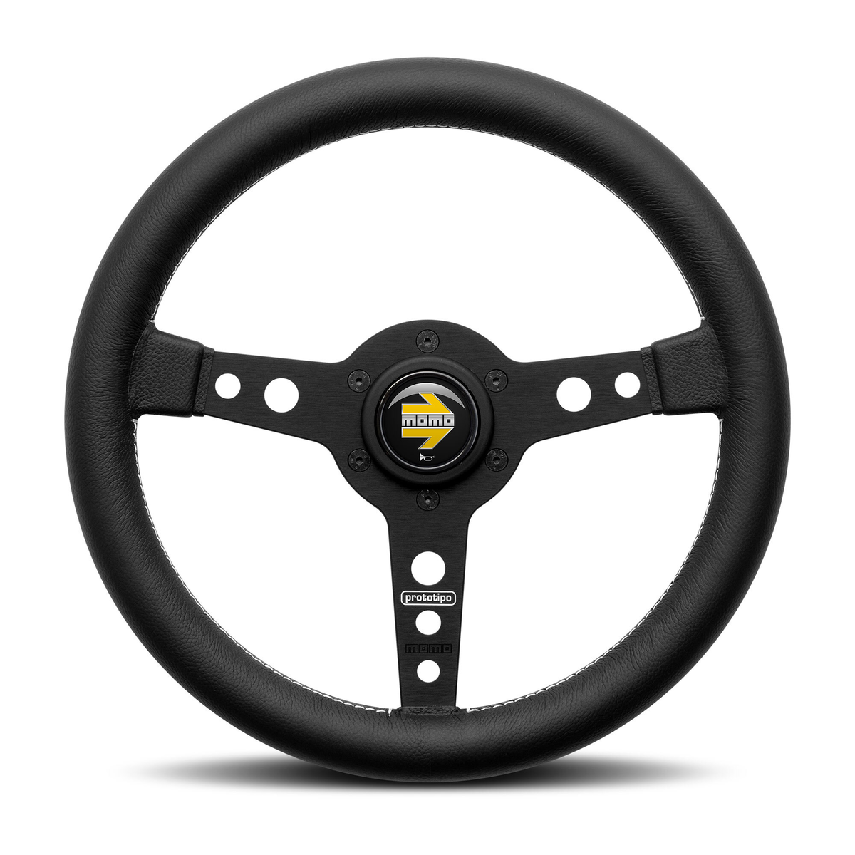 Steering Wheel - Prototipo, 320 Diam, 39 Dish, Blk Lea., Wht Stitch, Blk Spokes - PRO32BK2B