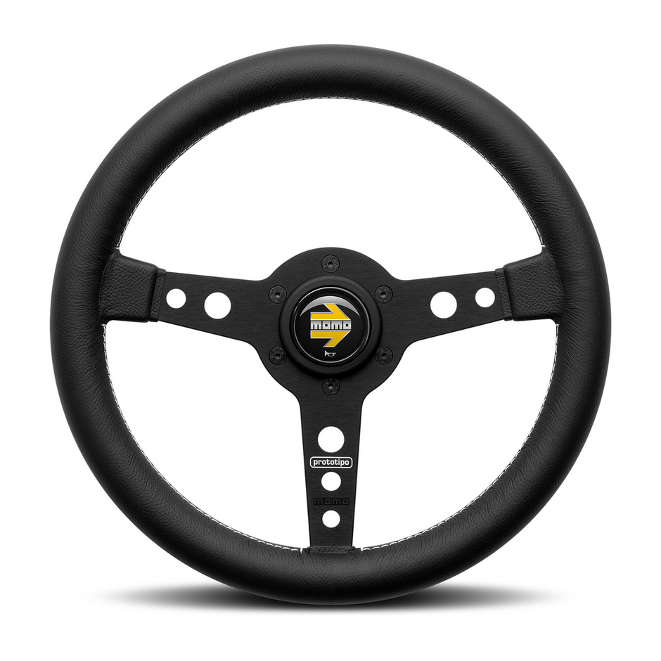 Steering Wheel - Prototipo, 320 Diam, 39 Dish, Blk Lea., Wht Stitch, Blk Spokes - PRO32BK2B