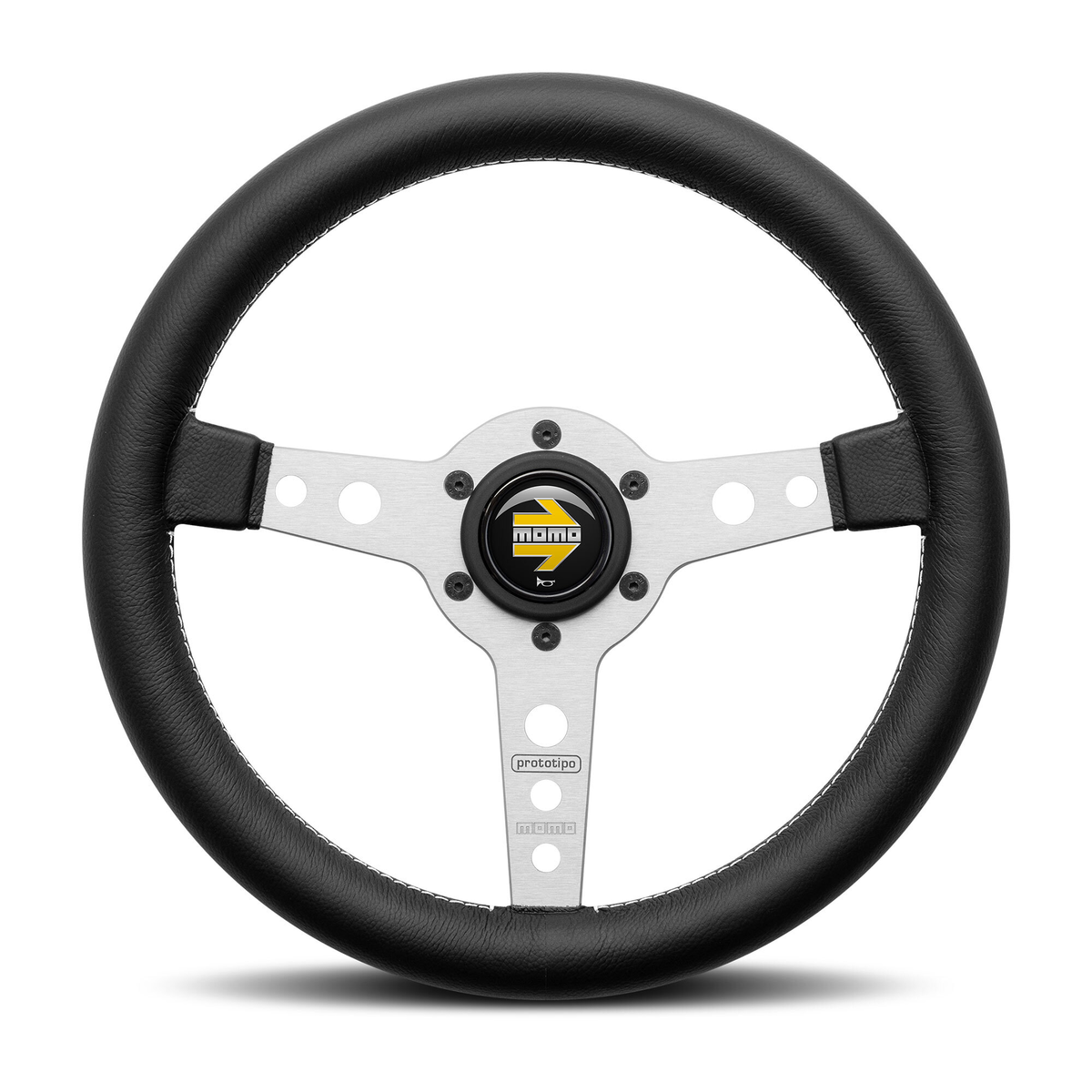 Steering Wheel - Prototipo, 320 Diam, 39 Dish, Blk Lea, Wht Stitch, Brshd Spokes - PRO32BK0S