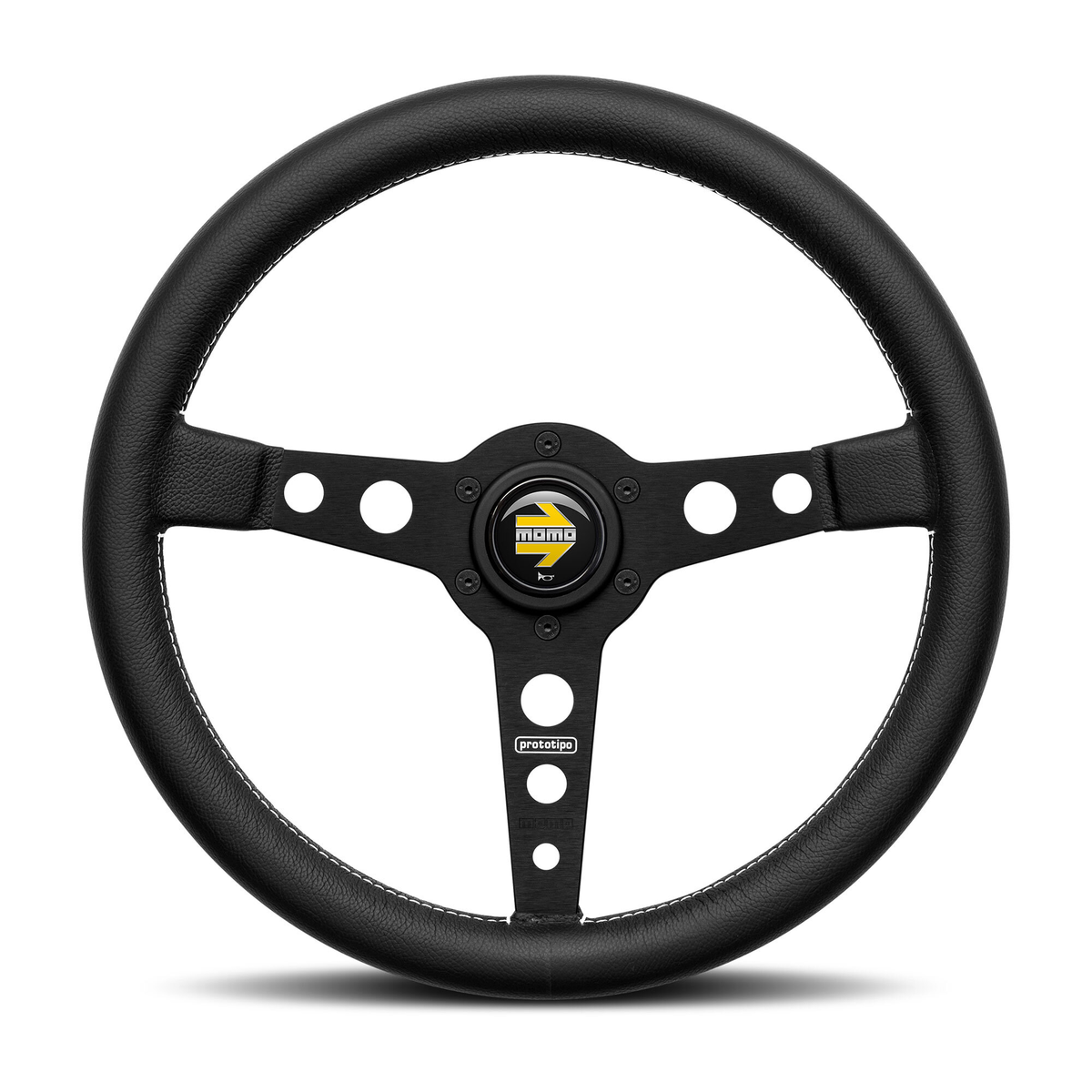Steering Wheel - Prototipo, 350 Diam, 39 Dish, Blk Lea., Wht Stitch, Blk Spokes - PRO35BK2B