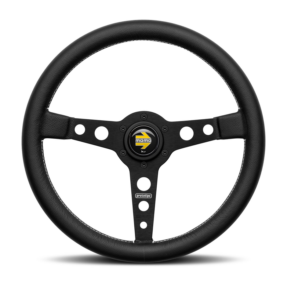 Steering Wheel - Prototipo, 350 Diam, 39 Dish, Blk Lea., Wht Stitch, Blk Spokes - PRO35BK2B