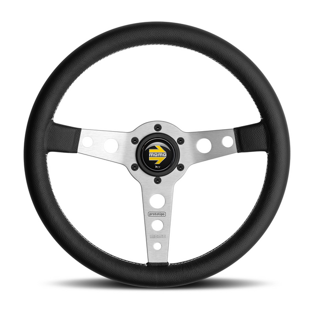 Steering Wheel - Prototipo, 350 Diam, 39 Dish, Blk Lea, Wht Stitch, Brshd Spokes - PRO35BK0S