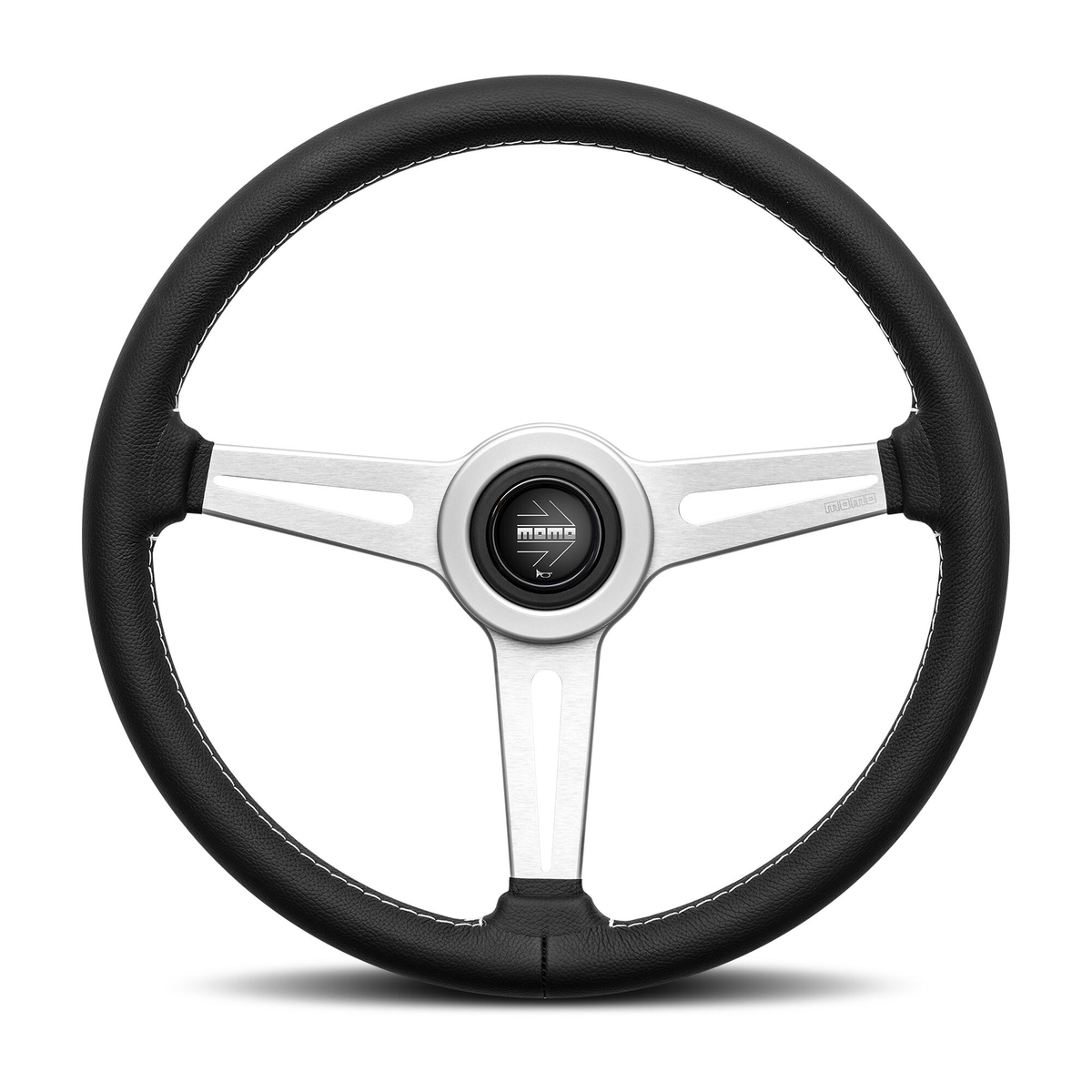 Steering Wheel - Retro, 360 Diam, 40 Dish, Blk Leather, Wht Stitch, Brshd Spokes - RET36BK2S