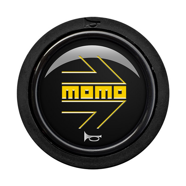 MOMO Horn Button - Black, Yellow Logo, Flat Lip - HORN/SM/BYW