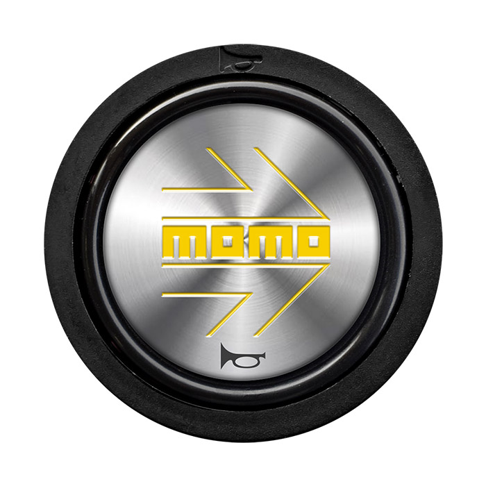 MOMO Horn Button - Silver, Yellow Logo, Flat Lip - HORN/SM/SYW