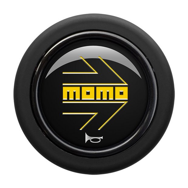 MOMO Horn Button - Black, Yellow Logo, Round Lip - HORN/LG/BYW