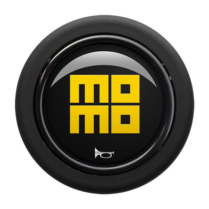 MOMO Horn Button - Heritage Black, Yellow Logo, Round Lip - HORN/LG/HRTG